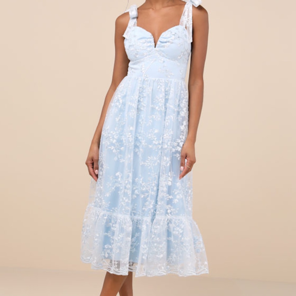 Lulus Distinctly Sweet Blue Floral Embroidered Tie-strap Midi Dress - Size S